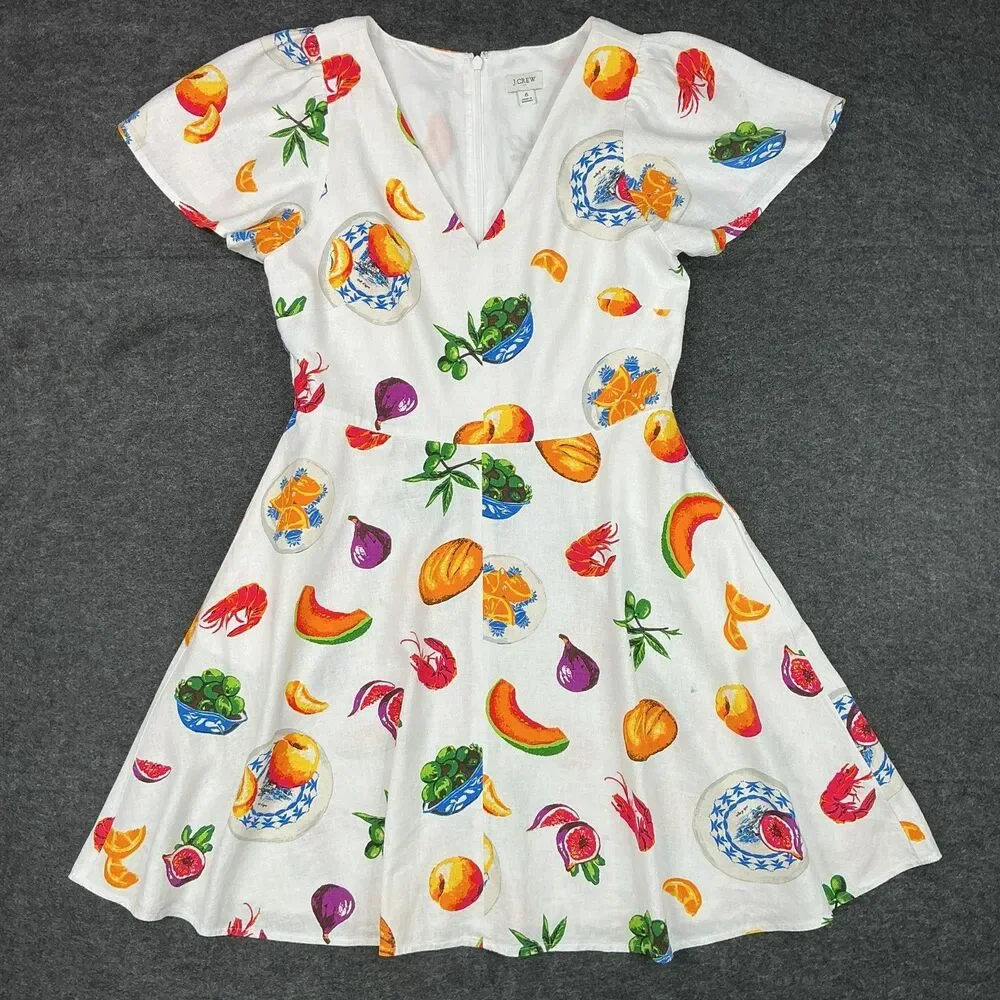 J.Crew Fruit Print Dress Size 6 Linen Blend Quirky Fit Flare Resort Teacher Twee